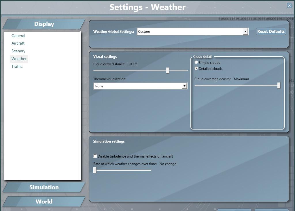 Recommended P3Dv1 Settings The most critical settings within Prepar3D v.1 in regards to REX interaction is the SETTINGS/DISPLAY/WEATHER screen.