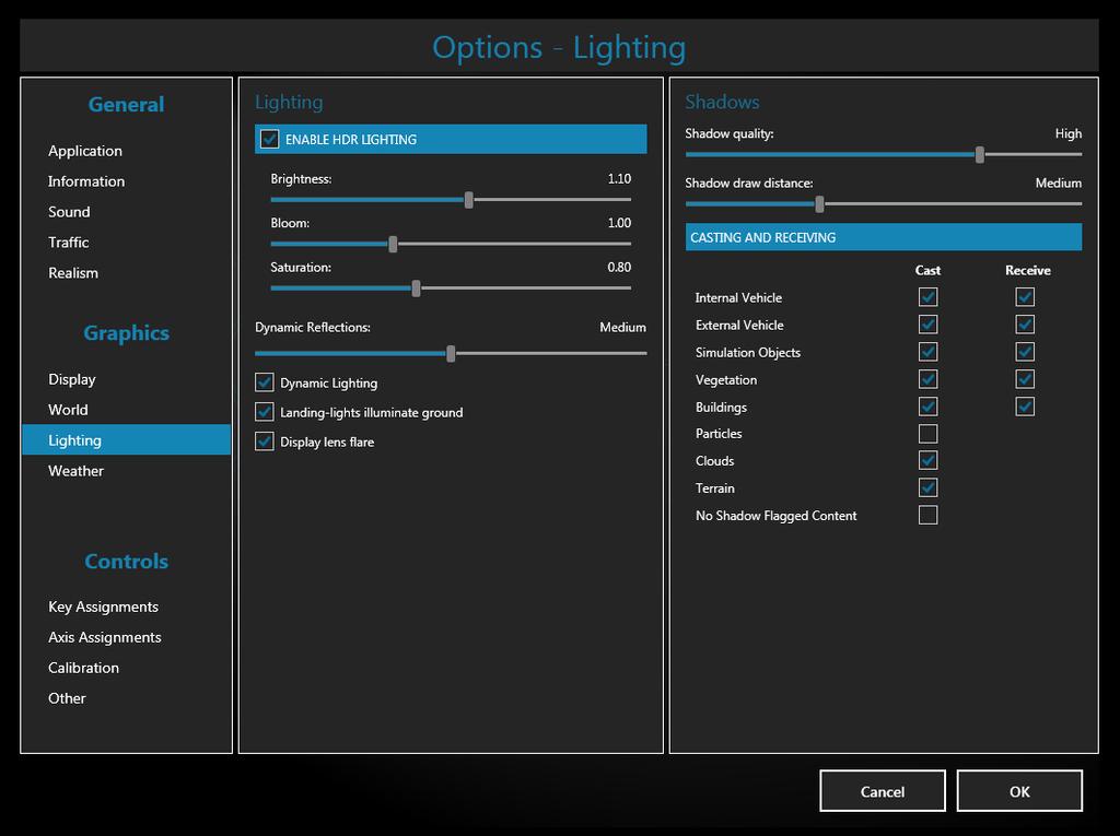 Recommended P3Dv4 Settings Lighting - Whether to use HDR lighting is down to user choice, however we advise using the HDR Textures option in REX when selecting this option ON.