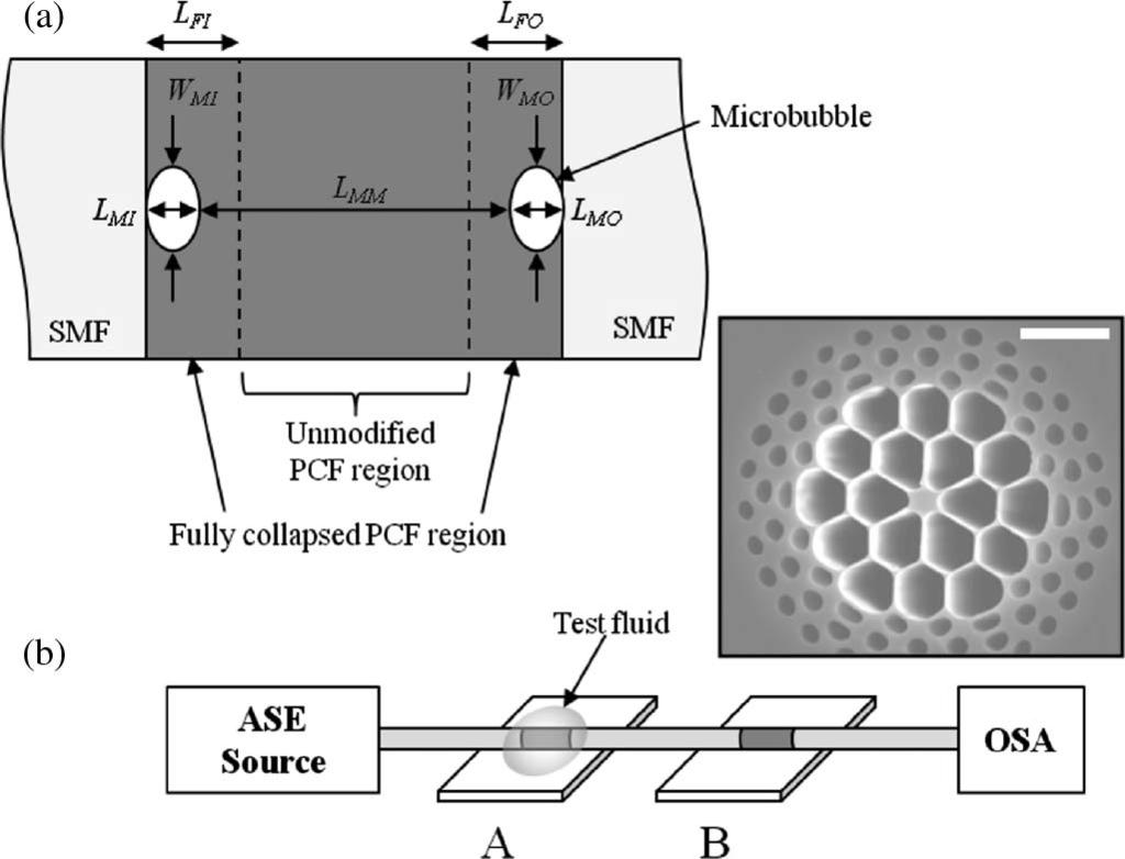 Fig. 1. (a) Schematic of the individual sensor fabricated with microbubble at the PCF SMF splice points. (b) Experimental setup.