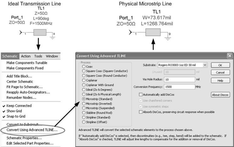 10 100 Genesys Design Examples Figure 2-8 Advanced TLINE for calculation of microstrip line length Figure 2-8 shows the correct method of modeling a microstrip