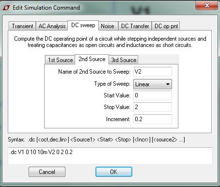 Edit the simulation command to match the values shown in fig. 11. Note that a second source needs to be swept as well. The second source is the voltage applied to the base.