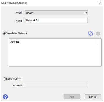 You see a screen like this: 4. Do one of the following: Under Search for Network, select the IP address of your Epson Network Interface Unit and click Add.