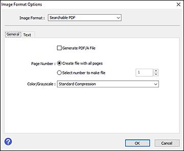 6. Select Searchable PDF as the Image Format setting. 7. Select Options from the Image Format list. You see the Image Format Options window. 8. Select the Text tab. 9.
