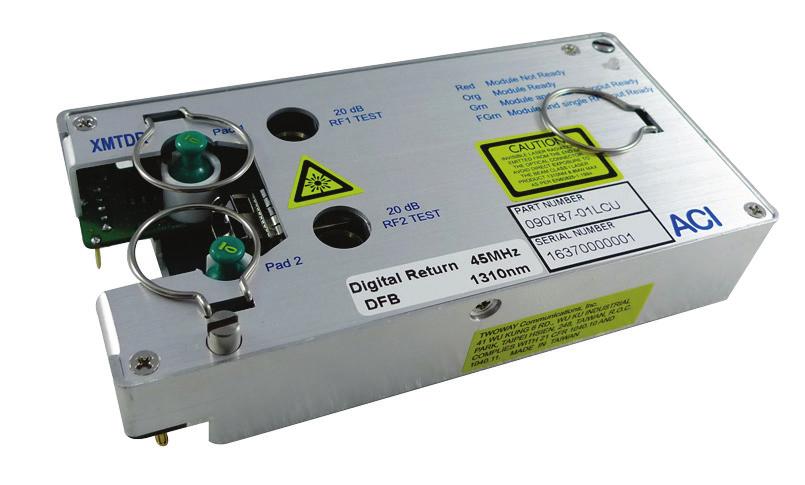 A -20 db test point on the transmitter is available for measuring RF signal levels to the laser. The drive level is adjusted with a plug-in pad.