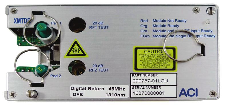 Transmitter Module Layout 6 RF1 Drive Level Pad 3 RF1 Input Test Point Transmitter Mounting Screw 1 Status LED 2 Digital Return SFP Module 6 RF2 Drive Level Pad 4 Transmitter Mounting Screw RF2 Input