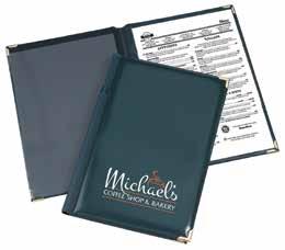 RESTAURANT & HOTEL MENU COVERS Stylish menu covers with 2 full Copy Safe clear pockets on inside front & back covers.