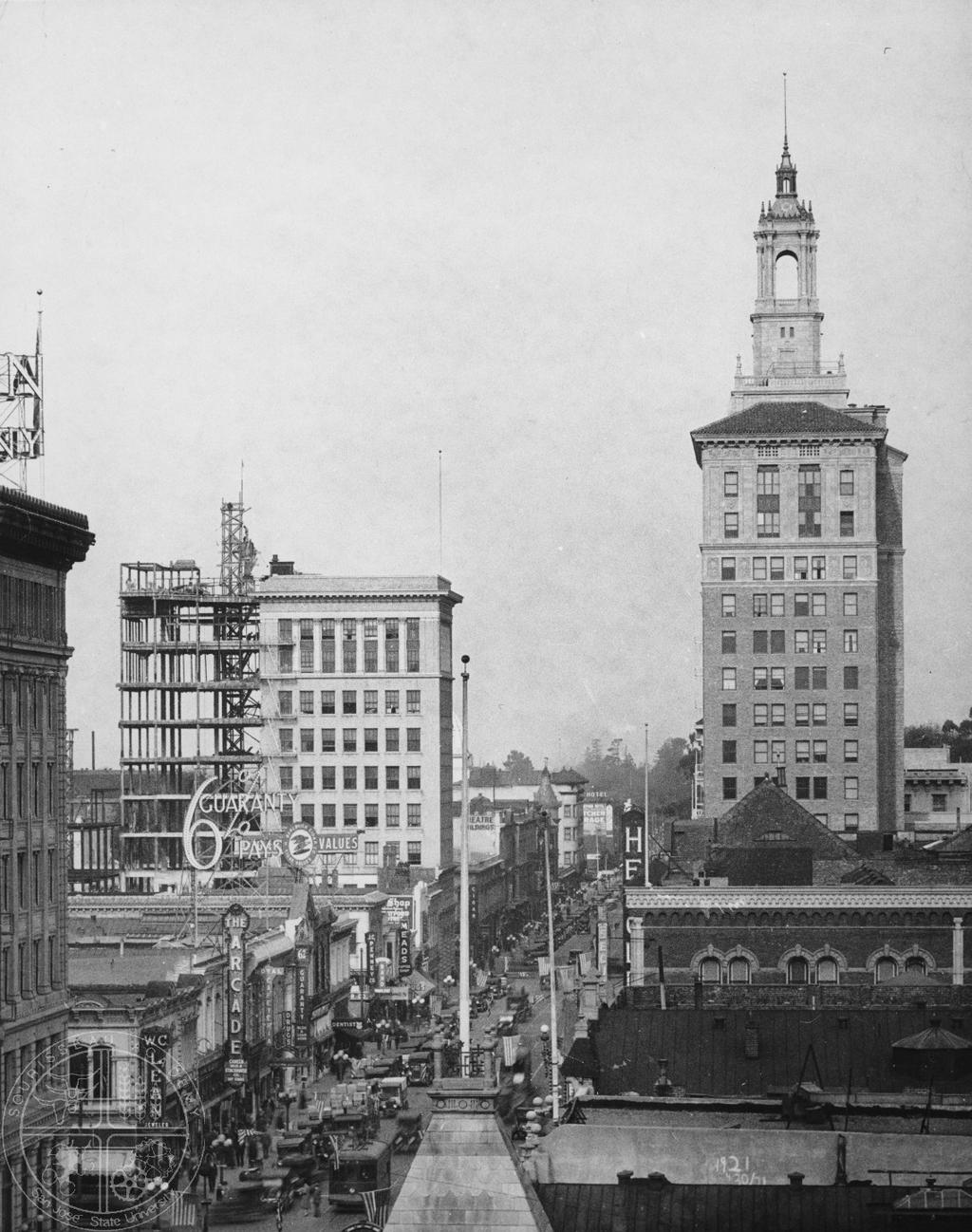 [16] South First Street 1927. Looking north on South First Street in 1927, a portion of the Garden City Bank is seen along the left edge of the image.