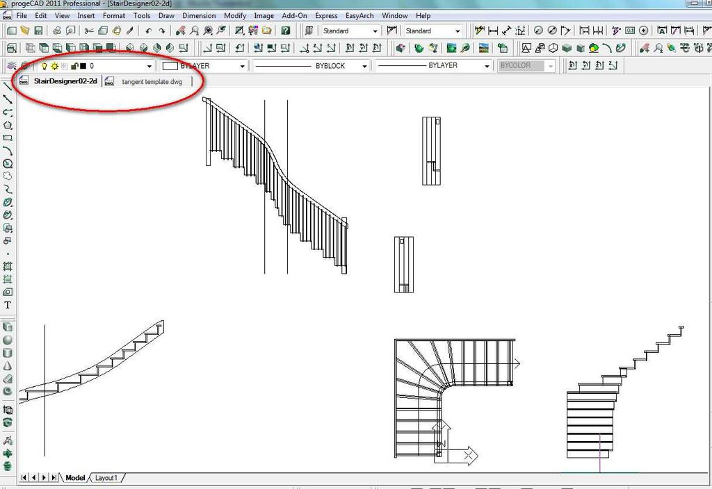 Using the Template Drawing Open the template drawing in ProgeCad. Open the StairDesigner DXF 2D drawing in another tab.