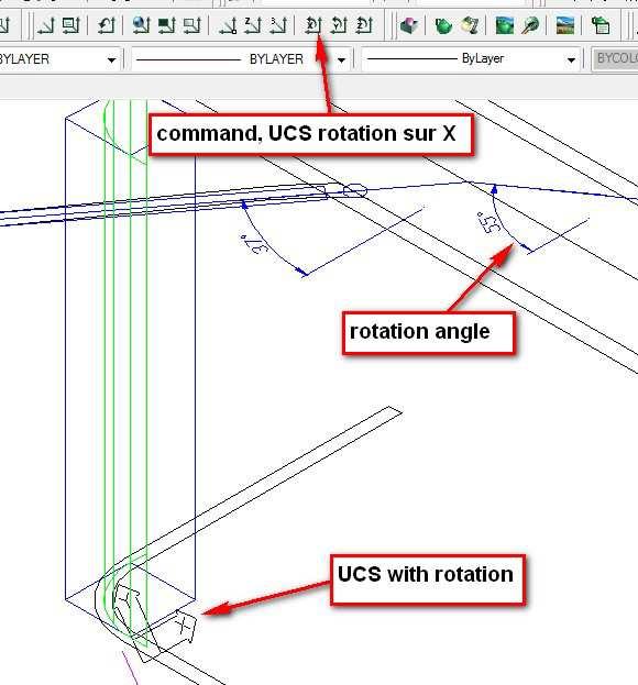 Use the command "UCS" rotation X entre the lower falling line angle (positive value : right hand rule) Use the command solid "section" Select