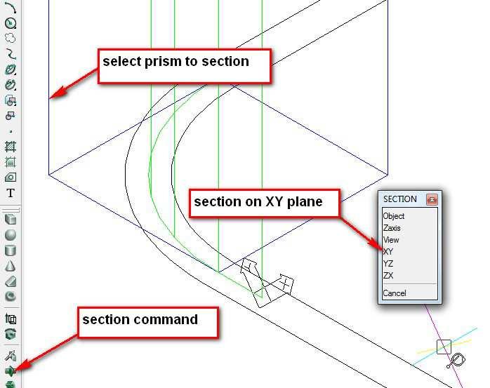 ProgeCad should draw a region or surface that cuts the prism along the XY plan and your drawing should look like this: Set