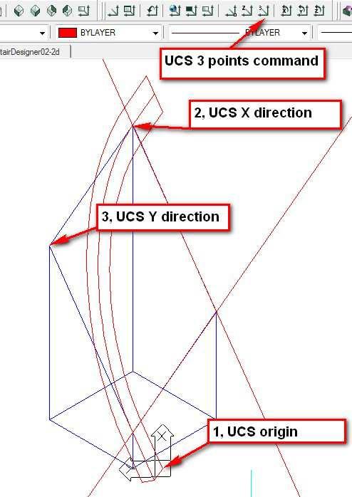 Use the command "UCS" 3 points Select points 1,2&3: The UCS is now aligned with the double inclined plane and the X axis is