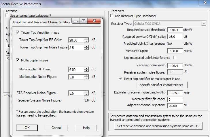 An example of the base station receiver parameters that can be specified in SignalPro is shown below. An optional dialog is available to specify tower-top amplifier and multicoupler parameters.