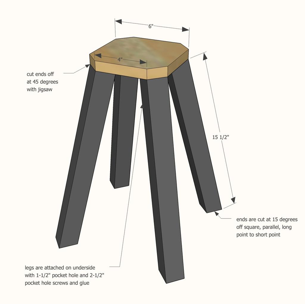 [21] The best way we found to attach the legs to the base is with 1-1/2" pocket holes from underside, using 2-1/2" pocket