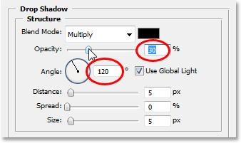 I m going to set my shadow Angle to about 120 and then lower the Opacity value