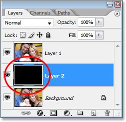 Layer 2 s thumbnail in the Layers palette now shows that the layer is filled with black, even though we can t