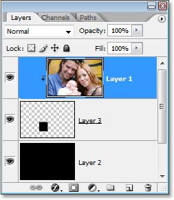 The Layers palette showing that Layer 1 is now being clipped by the layer below it.