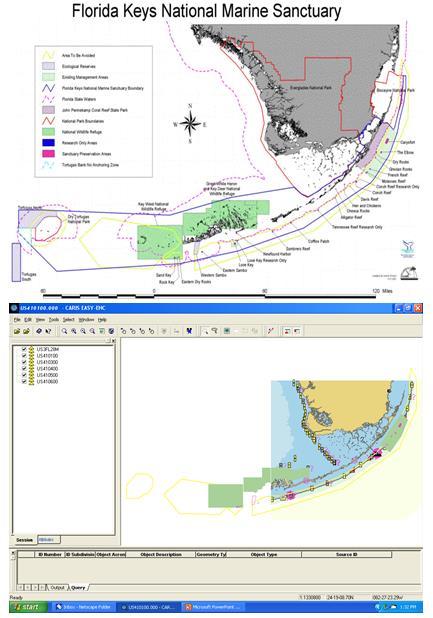 Figure 6 a) Marine Protection Areas (Florida Keys National Marine Sanctuary) b) MIO of coral reef and regulatory information displayed on an ENC.