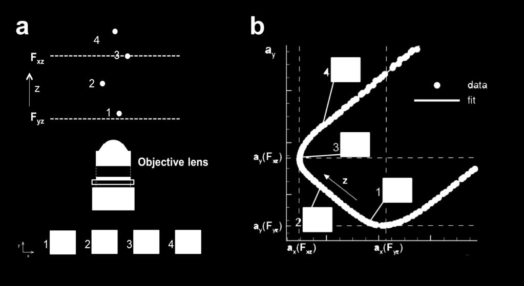 APTV working principle Figure 2: The APTV working principle: (a) The particle image on the camera will change depending on the particle distance to the main focal planes of the astigmatic optical