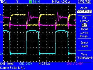 Fig. 8. The gate-to-source voltages of main switch(yellow) in channel 1 and gate to source voltage of auxiliary switch(pink) in channel 3.