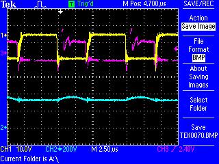 The gate-to-source voltage (yellow) of main switch, gate to source voltage of auxiliary switch(pink) and drain- to-source voltage(blue) of main switch.