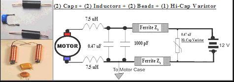 Seven Component Motor Filter The seven component filter design includes (2) 7.5 uh inductors to limit the amount of noise that passes through and then uses (2) x-capacitors, 0.