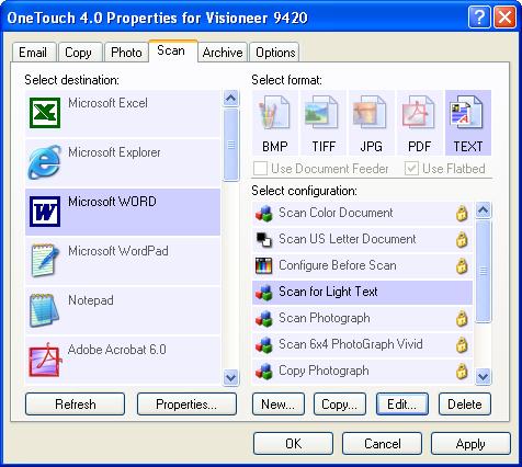 SELECTING NEW SETTINGS FOR A BUTTON 103 EDITING OR DELETING SCAN CONFIGURATIONS To edit or delete a scan configuration: 1. Open the OneTouch Properties window. 2.