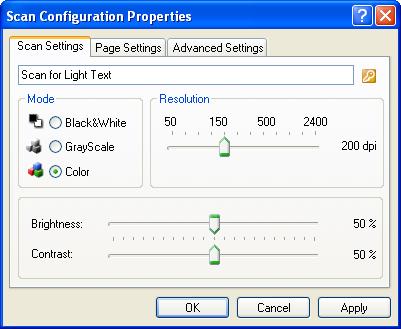 104 VISIONEER ONETOUCH 9420 USB SCANNER USER S GUIDE 4. To edit the configuration, click the Edit button. The Scan Configuration Properties dialog box opens for that configuration.