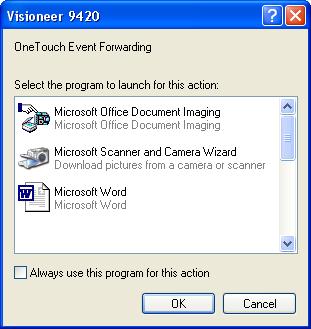 114 VISIONEER ONETOUCH 9420 USB SCANNER USER S GUIDE 5. Click OK. The OneTouch Properties window closes. 6. Start scanning using the button you selected for event forwarding.