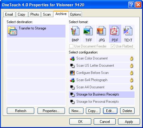 SELECTING NEW SETTINGS FOR A BUTTON 123 The new configurations apply to the Transfer to Storage Destination Application. Scan to multiple storage folders: 1. Open the OneTouch Properties window. 2.