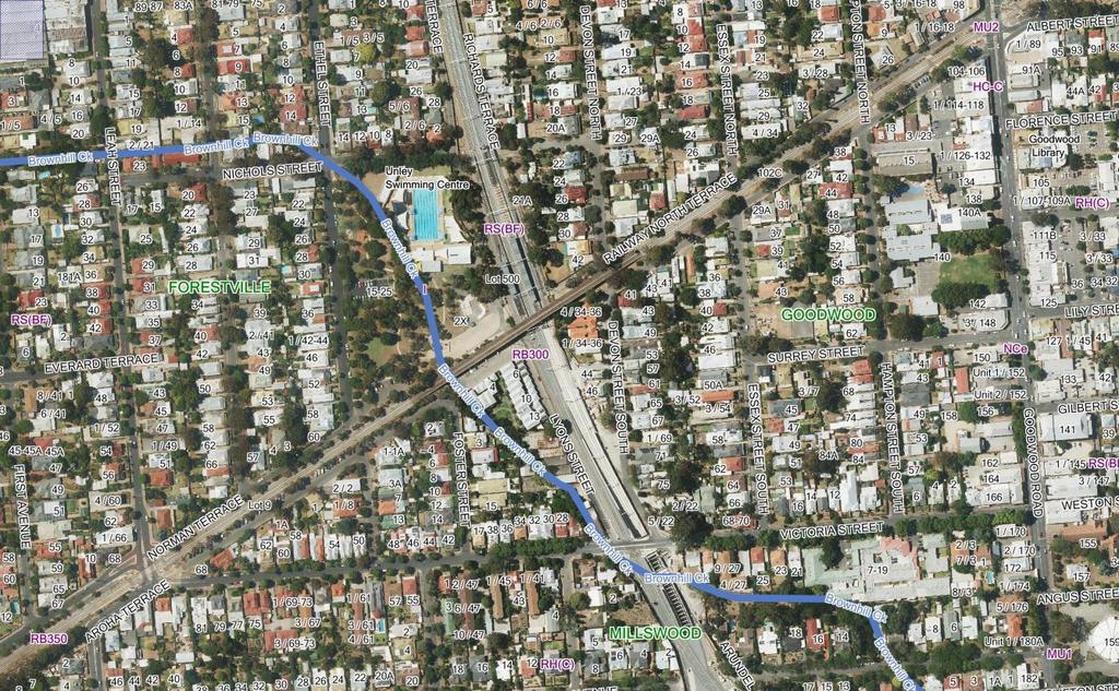 railway line which runs north and south in and out of Goodwood Railway Station. The overpass borders local residential streets on 3 sides.