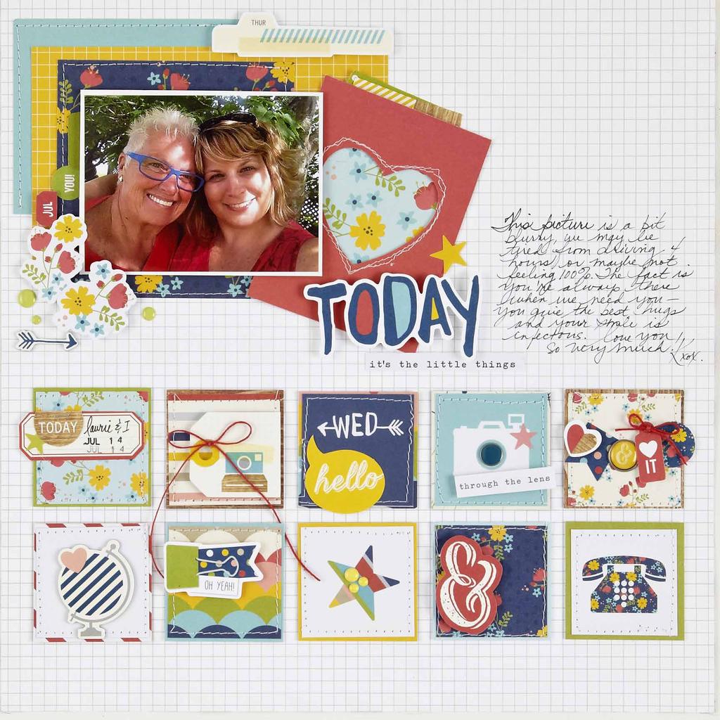Simple Tip: Embellish 2x2 SN@P! Insta-Squares to create a cohesive design element on your layout like Kristine did here!