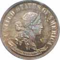 Goloid Metric Dollar designed by William Barber. Struck in silver with a reeded edge. Large Liberty head obverse. Reverse shows the weight and elemental composition of goloid................. #211606 $3150.