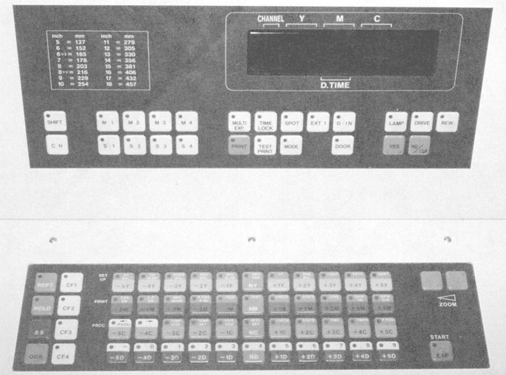 Figure 12-9. Keyboard of a Noritsu Model 1001 print processor. 302.266 Minilabs have a microprocessor that stores information put in by a programmer. The information is retrieved through channels.