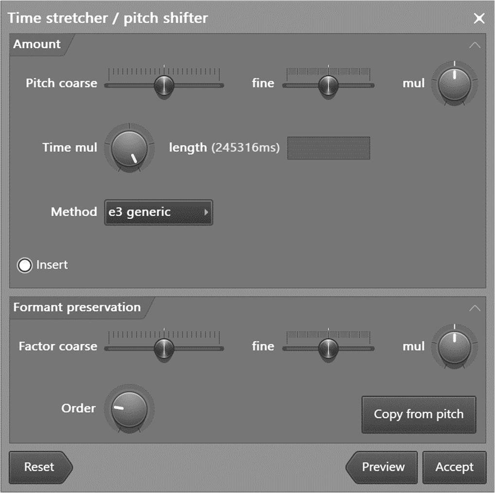 The Time Stretch / Pitch Shift tool allows you to alter the duration, pitch and formant of a sample independently.