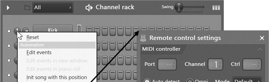 The fun part - Linking a knob to Your Controller: a. Right-click on the Control You Want to Link to the hardware controller. In this case, we're trying the main pan control on a sampler Channel.