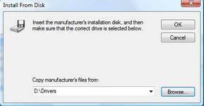 14. The next message box with the title Install from disk will appear. Navigate to the Drivers folder on the CD and click the OK button. 15. The camera will be identified as PL-131 HighSpeed.