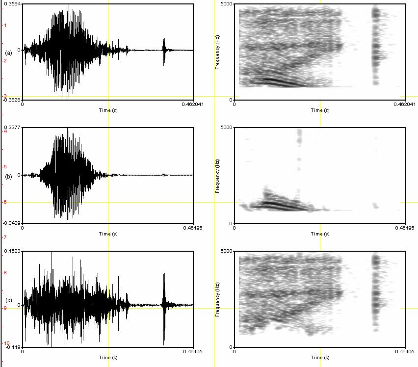 Figure 1.1: Waveform of speech (left column) and spectrograms (right column) for (a) highpass filtered speech, (b) tonal component and (c) nontonal component.