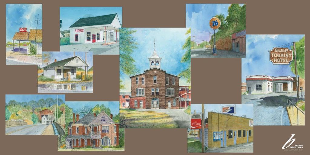 The landmarks include Crown Mill, the Clisby Austin House, the Downtown Motor Inn sign, the historic Post Office, the old Freight Depot, Dalton State College Bell Tower, Prater s Mill and
