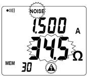 In the 10 to 40A range, only the current is displayed; the NOISE symbol blinks and the impedance is replaced by dashes.