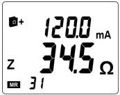 Figure 6-12 Press to display the measurement storage date/time screen. To exit from the MR mode, set the rotary switch to the desired mode. Figure 6-13 6.3.1.2 Data Displayed in Advanced Mode First Screen: The last measurement is displayed, namely the impedance referenced to the chosen frequency.