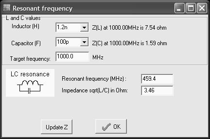 Other Tools 12.1 Resonant Frequency The "Resonant Frequency" tool included in the EMC menu computes the impedance of L, C at a given frequency.
