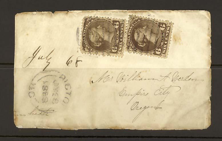 6 brown 1868 2 singles, paying double 6 per ½ oz. rate to U.S.