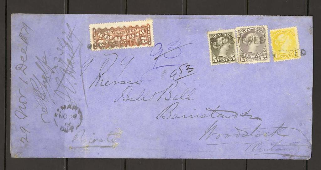15 Used on 1879 cover with 5 and 1 Small Queens and 2 Registered Letter Stamp to