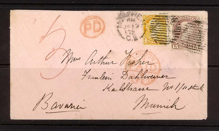 15 Used on 1872 cover to Bavaria with 1 Small Queen.