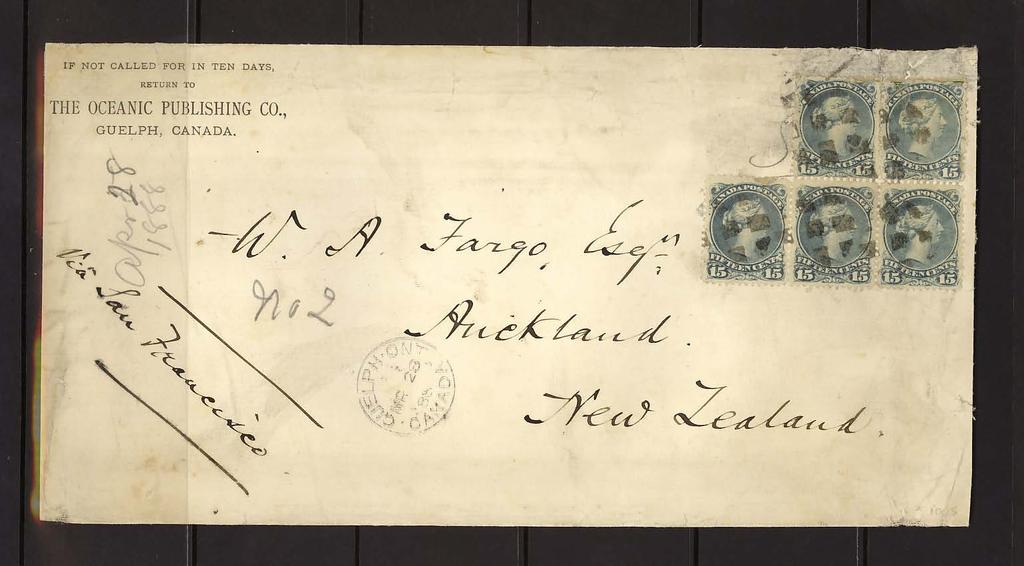 15 Block of 5 on 1888 cover to New Zealand, paying 5 x pre-upu