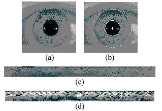 Figure-7 Iris Preprocessing Iris preprocessing: (a)original eye (b) Iris Localization (C) Iris Normalization (d) Iris Enhancement IV.