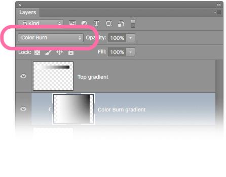 Blend modes are found in a pull-down menu at the top of the layers pallet. This governs the blend mode of the selected layer.