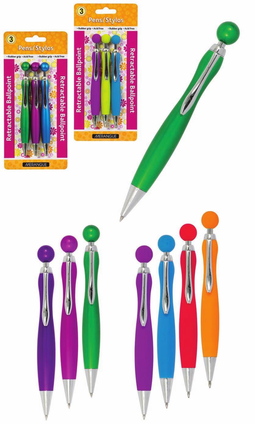 3PK FASHION 38N2-8911-00-000 3 Pack Fashion Retractable Ballpoint Pens - 1.