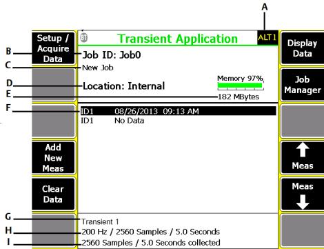 Advanced Transient Figure 7-1: Transient main menu A. An alternate (ALT) screen includes additional options. B. The identifier for the job. C. The equipment description. D.