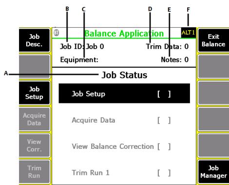 Balance Figure 9-1: Balance main menu A. Displays an X for each completed step in the balance procedure. The steps are Job Setup, Acquire Data, View Corr, and Trim Run. B. The identifier for the job.